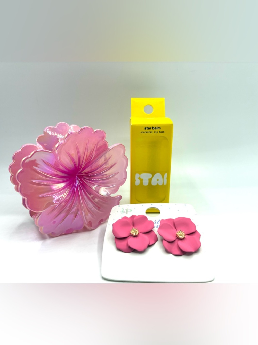 Bundle: Star Lip Balm, Pink Floral Hair Clip & Pink Flower Earrings